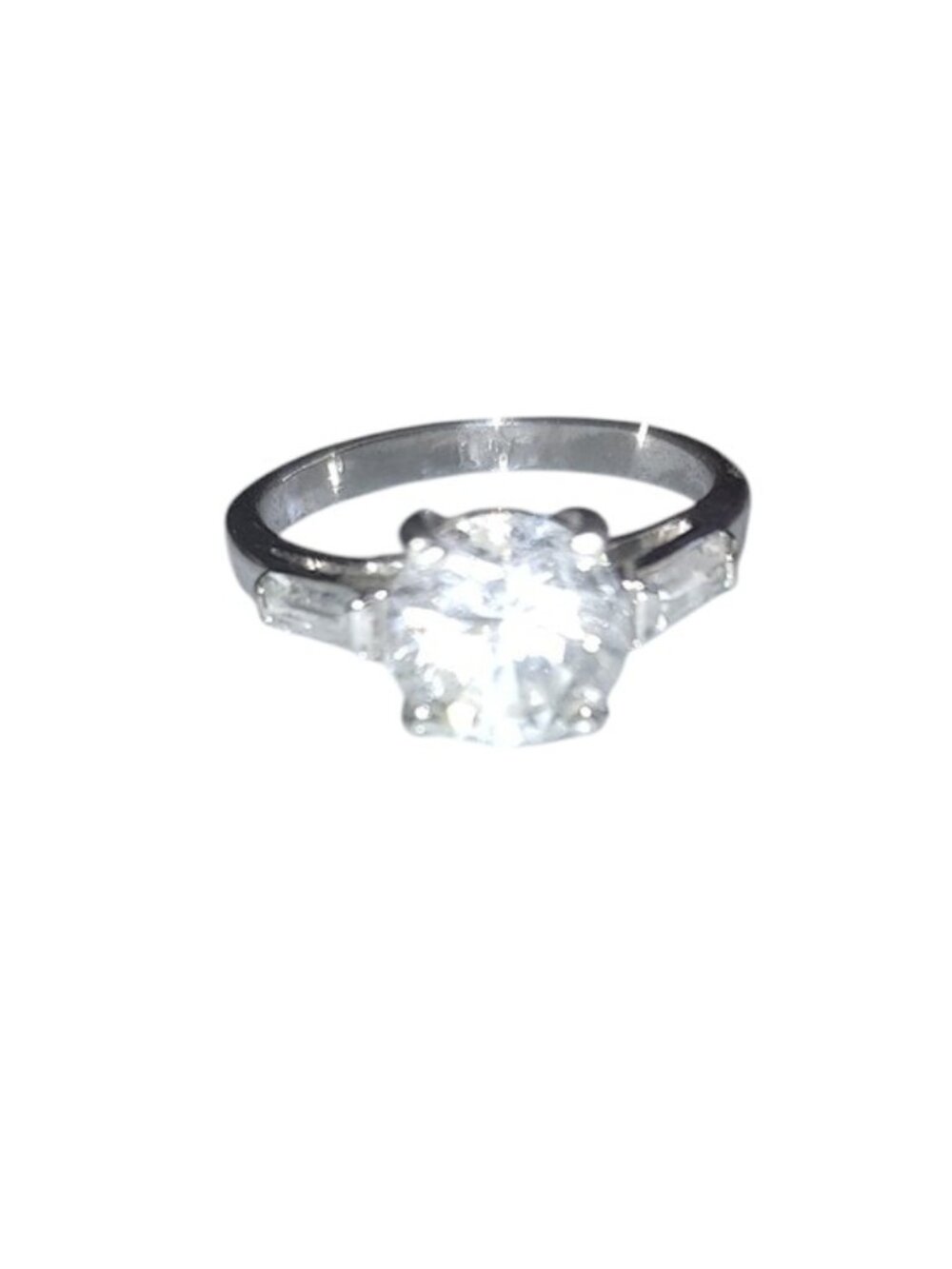 Classic White Solitaire Ring with Side Stones -Costume - sz 7